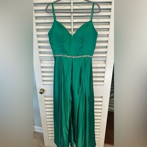 Dave & Johnny Emerald Green Satin Prom Gown with Rhinestone Waist